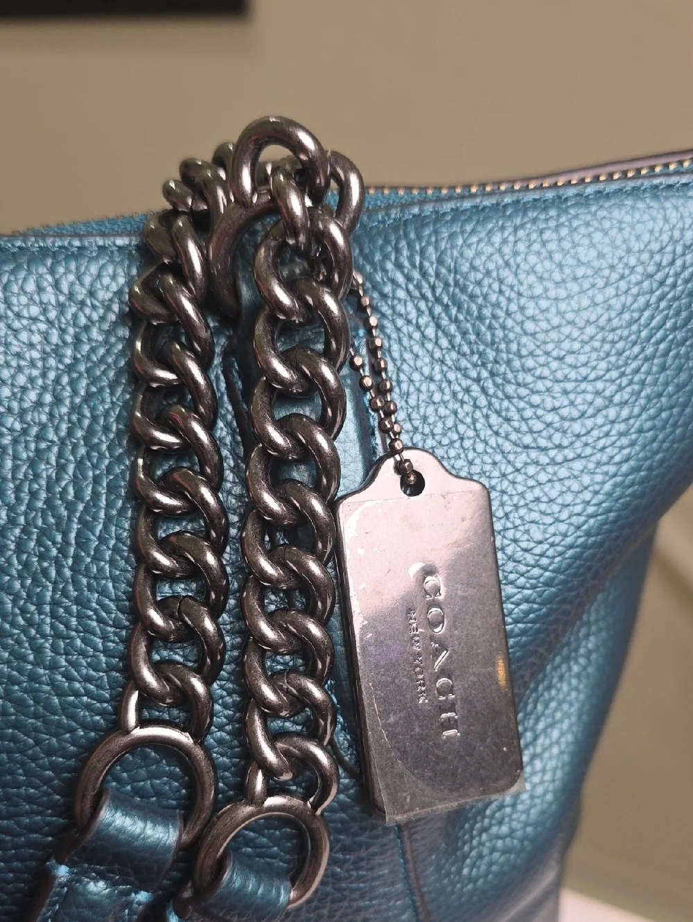 COACH F22208 Ava Chain Tote in Metallic Teal/Gunmetal EUC - Picture 6 of 16